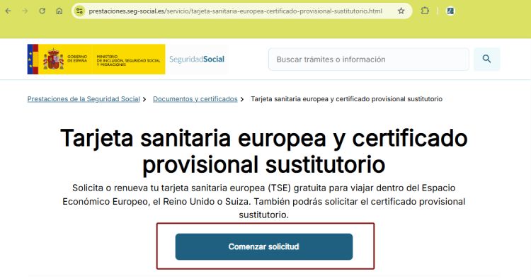 Paso 1 para solicitar tarjeta sanitaria europea por Internet