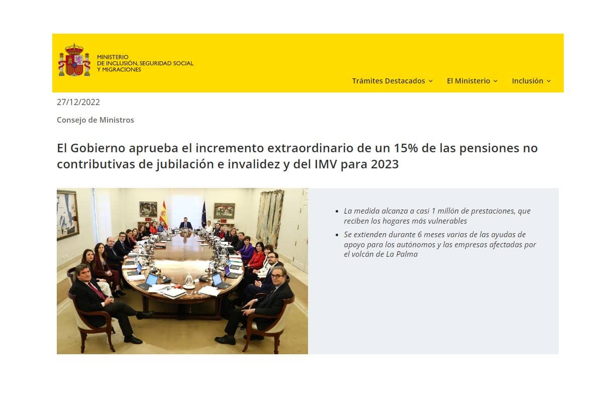 Comunicación del Ministerio de Seguridad Social sobre subida de pensiones no contributivas e IMV